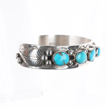 7" Wilbert Meyers Navajo Sterling silver turquoise row cuff bracelet feather - Estate Fresh Austin