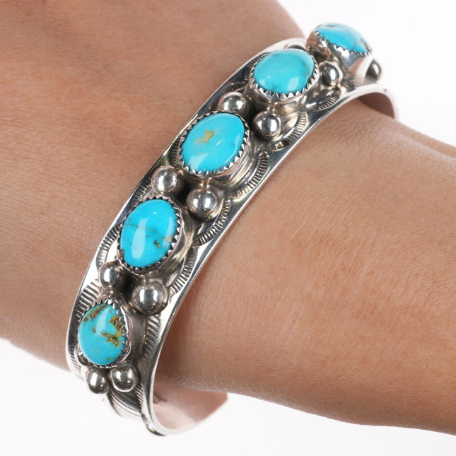 7" Wilbert Meyers Navajo Sterling silver turquoise row cuff bracelet feather - Estate Fresh Austin