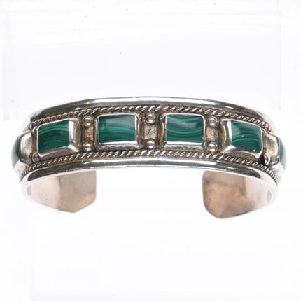 6.5" Retro Mexican sterling silver malachite row cuff bracelet southwestern - Estate Fresh Austin