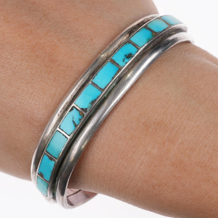 6.6" 1940's-50's Zuni channel inlay row cuff bracelet 3 band sterling silver - Estate Fresh Austin