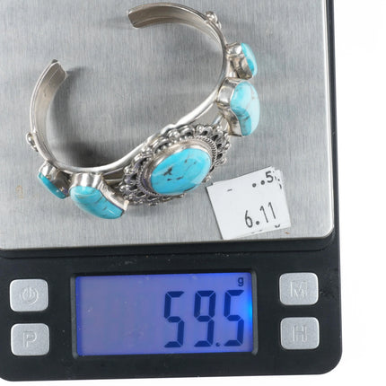 6.2" Running Bear Shop Kingman turquoise sterling silver cuff bracelet 5 stone - Estate Fresh Austin