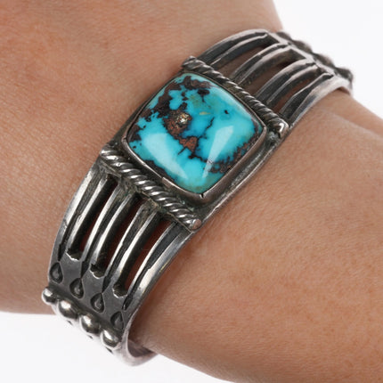 6" 1930's Pilot Mountain Turquoise Navajo ingot silver cuff bracelet arrow stamp - Estate Fresh Austin
