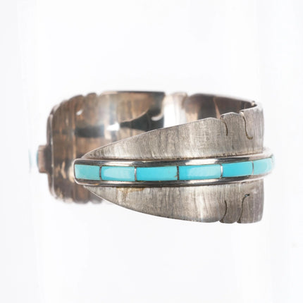 5.85" Michael Kirk Isleta Pueblo Turquoise feather cuff bracelet sterling silver - Estate Fresh Austin