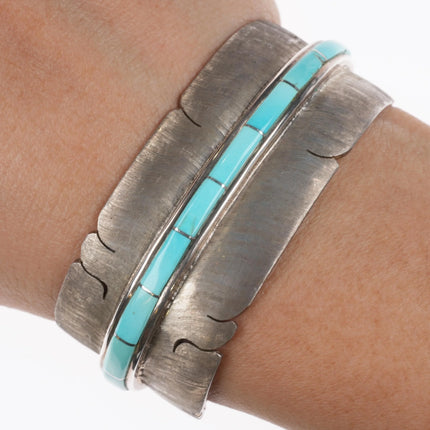 5.85" Michael Kirk Isleta Pueblo Turquoise feather cuff bracelet sterling silver - Estate Fresh Austin