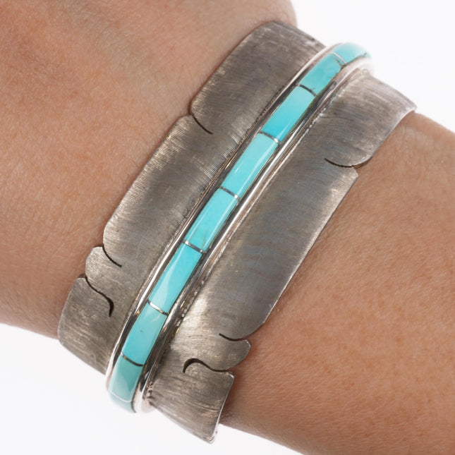 5.85" Michael Kirk Isleta Pueblo Turquoise feather cuff bracelet sterling silver - Estate Fresh Austin