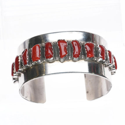 6.3" F Peters Navajo sterling silver Mediterranean coral wide row cuff bracelet - Estate Fresh Austin
