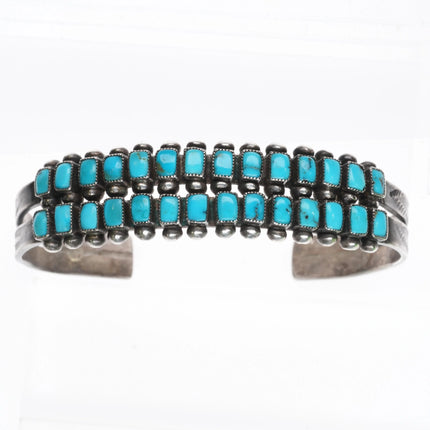 6.3" c1940 Zuni Square cut turquoise double row sterling silver cuff bracelet - Estate Fresh Austin