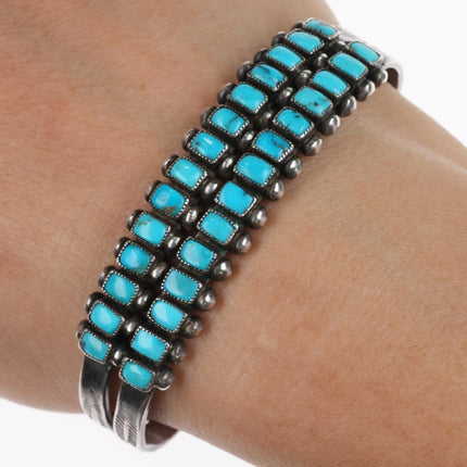 6.3" c1940 Zuni Square cut turquoise double row sterling silver cuff bracelet - Estate Fresh Austin