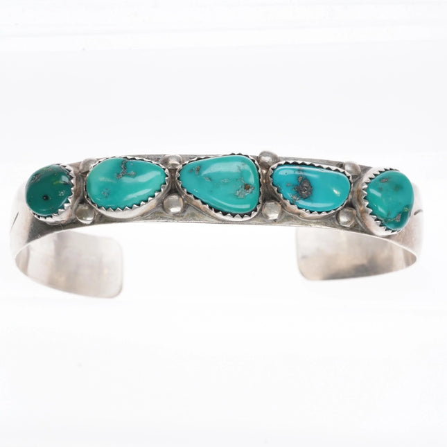 6.3" Don Platero Navajo turquoise row cuff bracelet stamped sterling silver side - Estate Fresh Austin