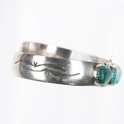 6.3" Don Platero Navajo turquoise row cuff bracelet stamped sterling silver side - Estate Fresh Austin