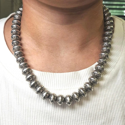 18.5" PY Navajo pearls beaded hand stamped handmade sterling silver necklace