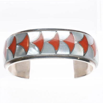 6.25" Orlinda Natewa Zuni Coral/Mother of pearl sterling silver cuff bracelet - Estate Fresh Austin