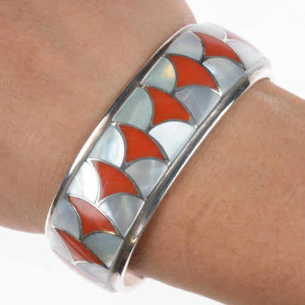 6.25" Orlinda Natewa Zuni Coral/Mother of pearl sterling silver cuff bracelet - Estate Fresh Austin