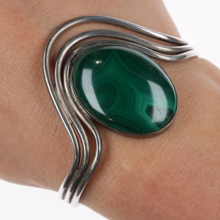 6" Retro triple wire Modernist sterling silver malachite cuff bracelet - Estate Fresh Austin