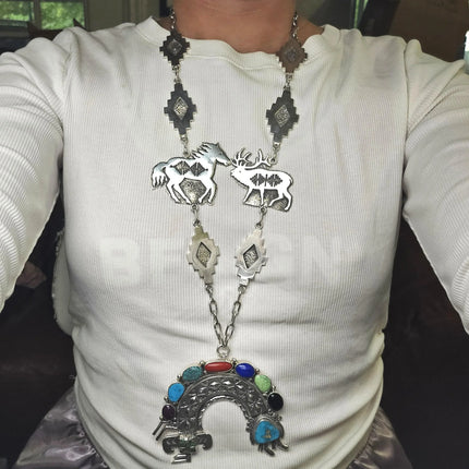 Huge Esther Wood Navajo sterling silver multi-stone Yei pendant/2 necklaces