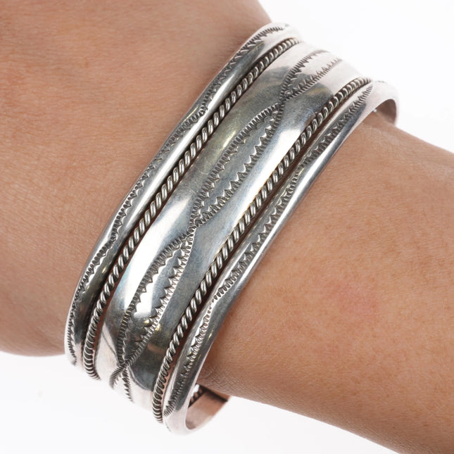 6.5" Tahe Navajo sterling silver stamped twisted wire wide band cuff bracelet - Estate Fresh Austin