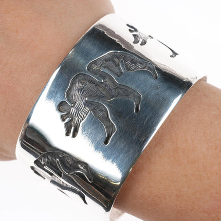 6.25" Andrew Saufkie Hopi Overlay bear pattern cuff bracelet sterling silver - Estate Fresh Austin