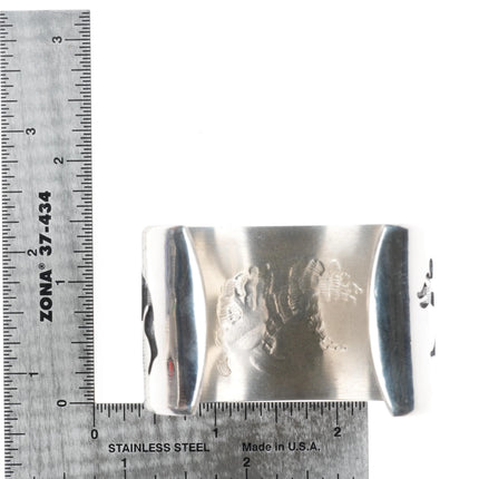 6.25" Andrew Saufkie Hopi Overlay bear pattern cuff bracelet sterling silver - Estate Fresh Austin