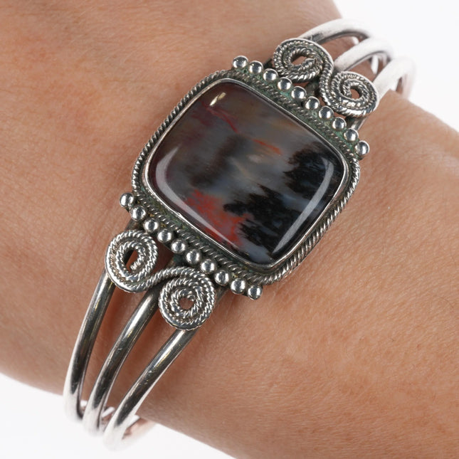 6.5" 1930's Ingot Silver Navajo Petrified Wood cuff bracelet sterling - Estate Fresh Austin