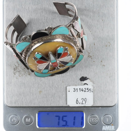 6.5" Ted Edaakie Zuni sterling silver butterfly channel inlay cuff bracelet