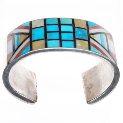 6.5" c1970's Zuni sterling silver multi-stone turquoise inlay cuff bracelet