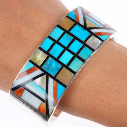6.5" c1970's Zuni sterling silver multi-stone turquoise inlay cuff bracelet
