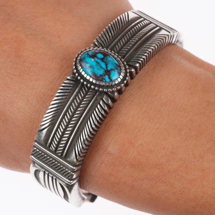 6" Ron Bedonie Navajo heavy stamped sterling silver turquoise cuff bracelet