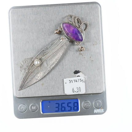 Fritz Casuse Navajo large 14k gold/Sterling silver purple stone/pearl pendant