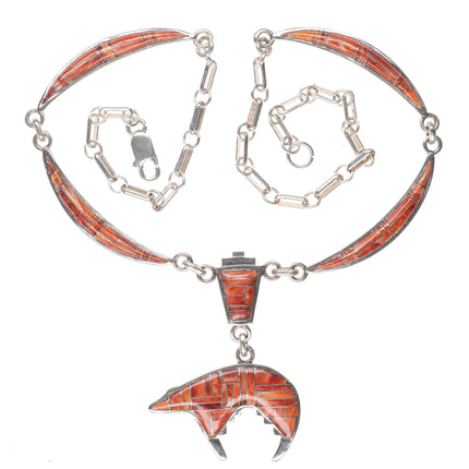 Southwestern sterling silver spiny oyster channel inlay bear pendant/necklace - Estate Fresh Austin