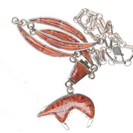 Southwestern sterling silver spiny oyster channel inlay bear pendant/necklace - Estate Fresh Austin