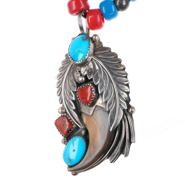 70's-80's M Navajo sterling turquoise coral pendant on antler beaded necklace - Estate Fresh Austin