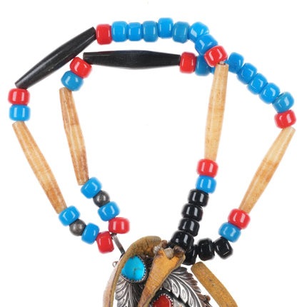 70's-80's M Navajo sterling turquoise coral pendant on antler beaded necklace - Estate Fresh Austin