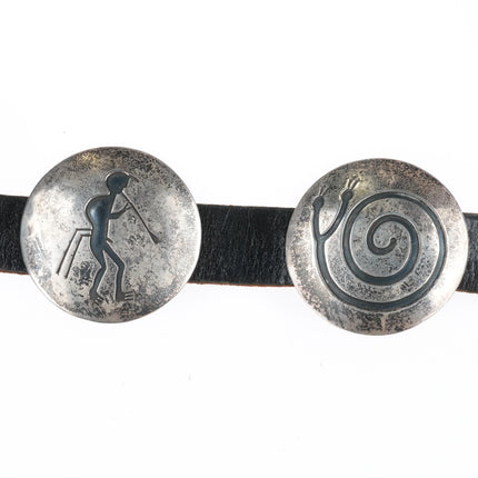 34" Vintage Navajo Overlay petroglyphs concho belt sterling silver cave dwellers
