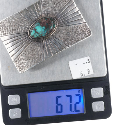 Vintage Southwestern hand stamped sterling silver belt buckle w/ nice turquoise - Estate Fresh Austin