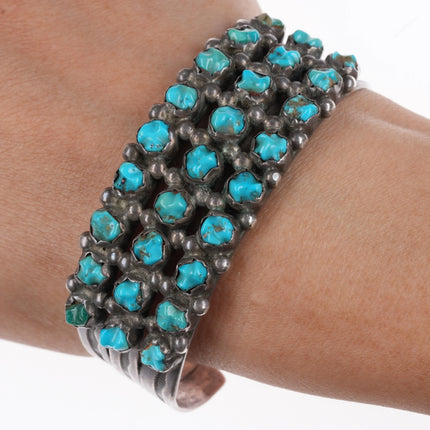 6.6" c1940's Zuni carved turquoise snake eye 3 row sterling silver cuff bracelet - Estate Fresh Austin