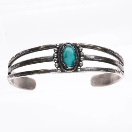 6" 30's-40's Navajo sterling silver hand stamped cuff bracelet center turquoise - Estate Fresh Austin