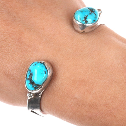6" Vintage Navajo carinated sterling silver turquoise terminals cuff bracelet
