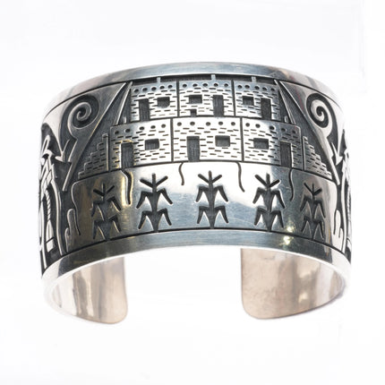 6.25" James Selina Hopi Overlay corn/kachina theme sterling silver cuff bracelet