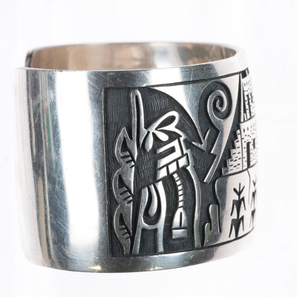 6.25" James Selina Hopi Overlay corn/kachina theme sterling silver cuff bracelet