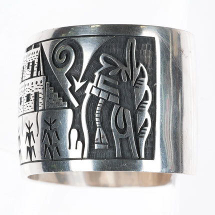 6.25" James Selina Hopi Overlay corn/kachina theme sterling silver cuff bracelet