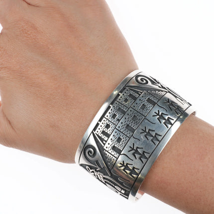 6.25" James Selina Hopi Overlay corn/kachina theme sterling silver cuff bracelet
