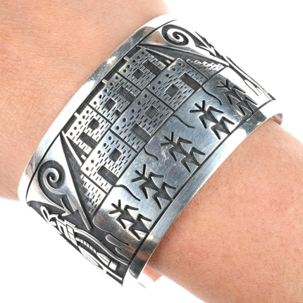 6.25" James Selina Hopi Overlay corn/kachina theme sterling silver cuff bracelet