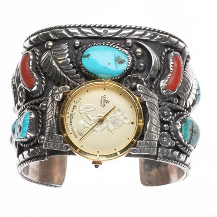 7" Skeet Yellowhair Sr Navajo Huge sterling, turquoise/coral watch cuff bracelet