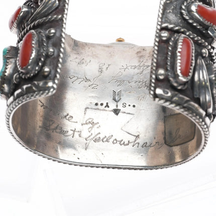 7" Skeet Yellowhair Sr Navajo Huge sterling, turquoise/coral watch cuff bracelet