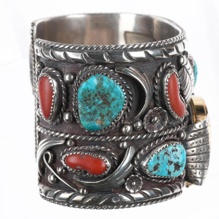 7" Skeet Yellowhair Sr Navajo Huge sterling, turquoise/coral watch cuff bracelet