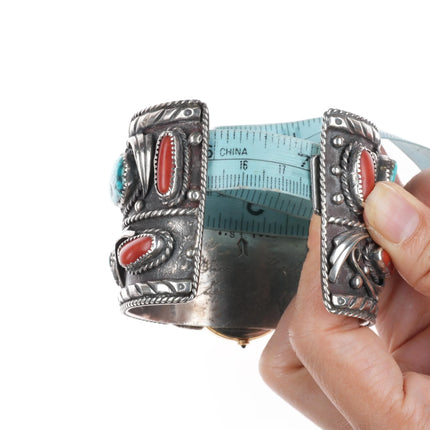 7" Skeet Yellowhair Sr Navajo Huge sterling, turquoise/coral watch cuff bracelet