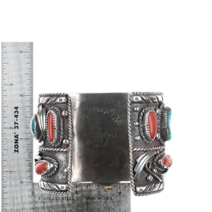 7" Skeet Yellowhair Sr Navajo Huge sterling, turquoise/coral watch cuff bracelet