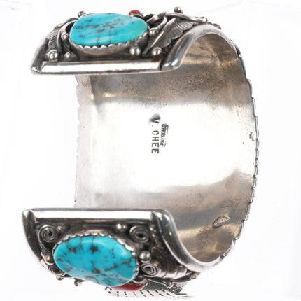 6.25" Victor Chee Navajo sterling silver, turquoise, coral watch cuff bracelet