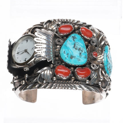 6.25" Victor Chee Navajo sterling silver, turquoise, coral watch cuff bracelet