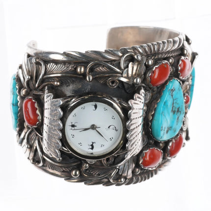 6.25" Victor Chee Navajo sterling silver, turquoise, coral watch cuff bracelet